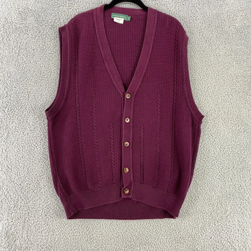 Vintage Michael Thomas Vest M Red Cable Knit Cardigan Egyptian Cotton USA Made